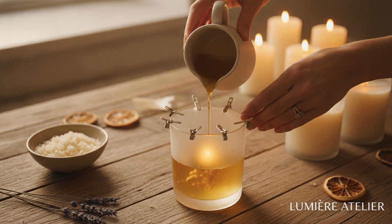 Artisan candle making process with golden wax being poured into an elegant glass vessel