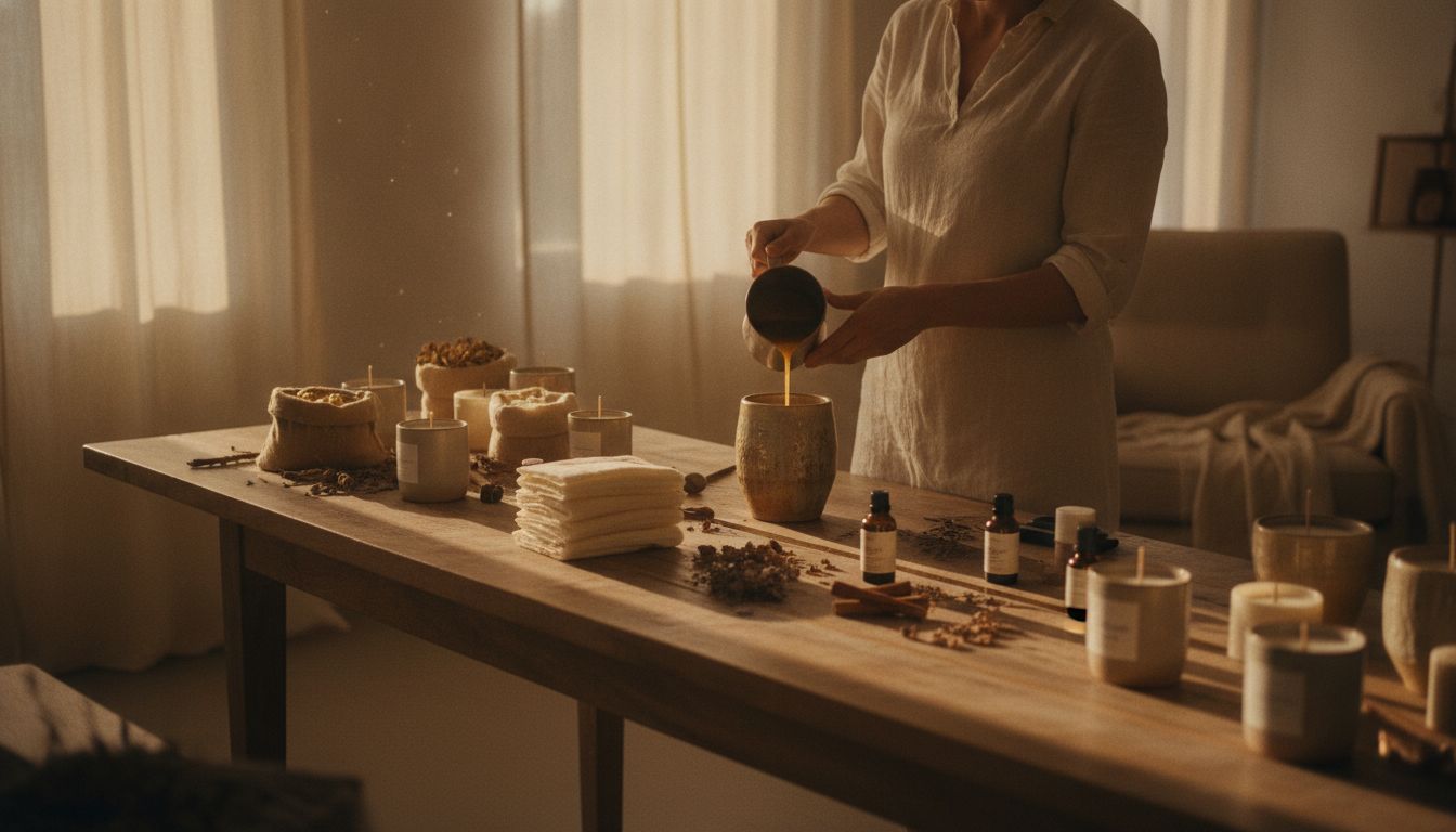 Elegant candle workshop interior with warm ambient lighting and artisan craftsmanship