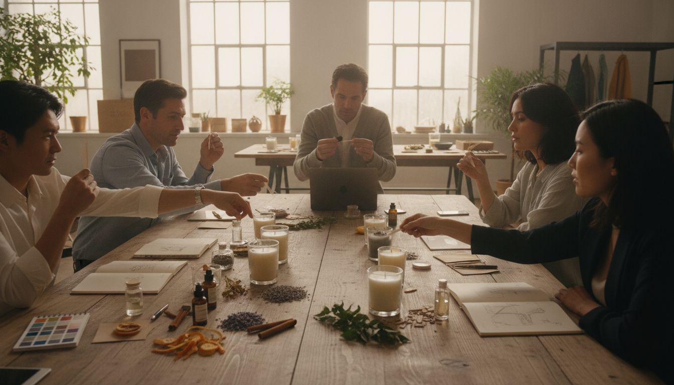 FJ Candle creative team collaborating around a table reviewing candle samples and fragrance materials
