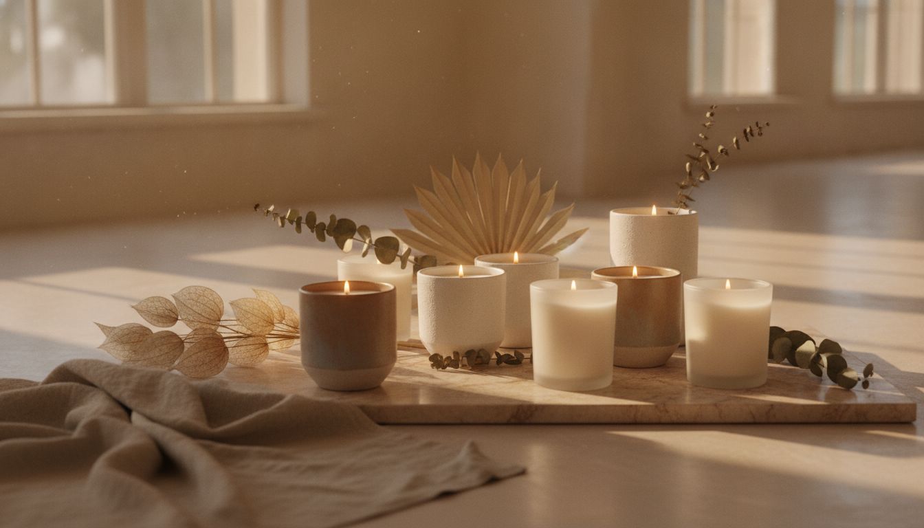 Premium scented candles in an elegant editorial lifestyle setting