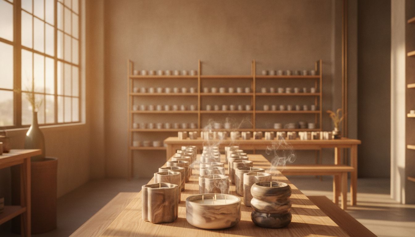 FJ Candle studio interior with warm golden light and artisan candles curing on shelves