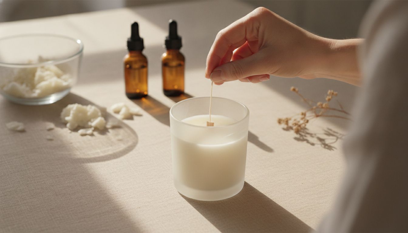 Hand placing a wick into a premium soy wax candle vessel