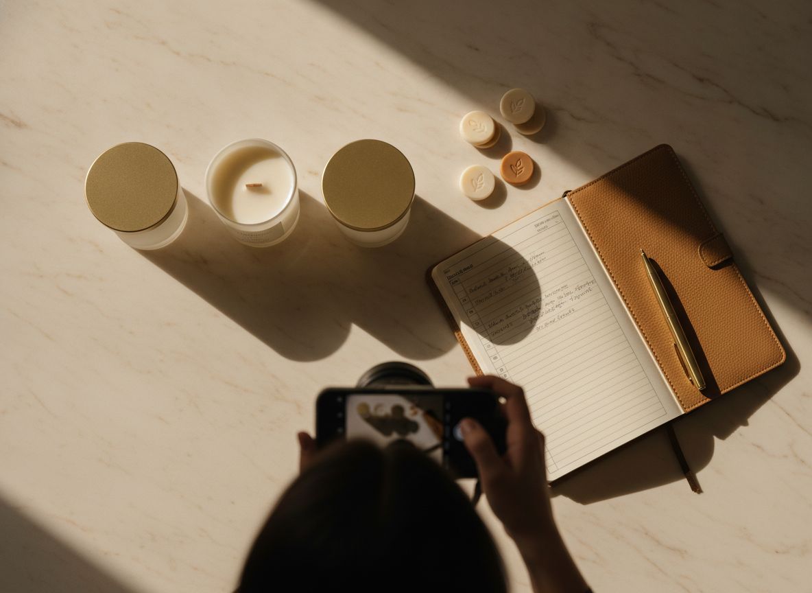 Luxury scented candles in minimalist frosted glass vessels arranged on warm cream marble surface