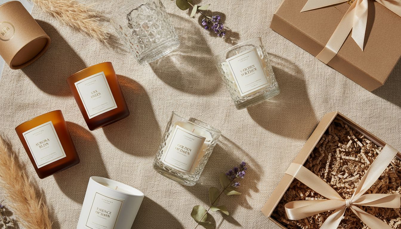 Premium private label candles with custom packaging flat lay