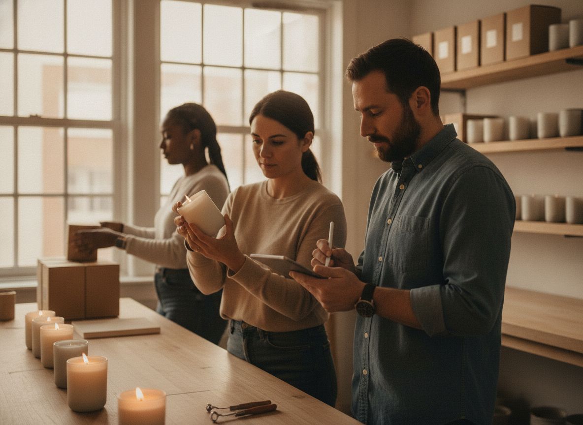 Team inspecting candle quality in a warm, modern workshop